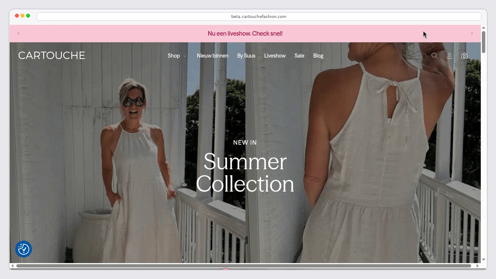 Cartouche Fashion beta summer collection homepage in browser frame
